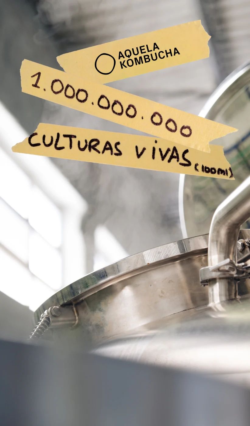 Cuba de fermentação em inox com uma etiqueta da Aquela Kombucha